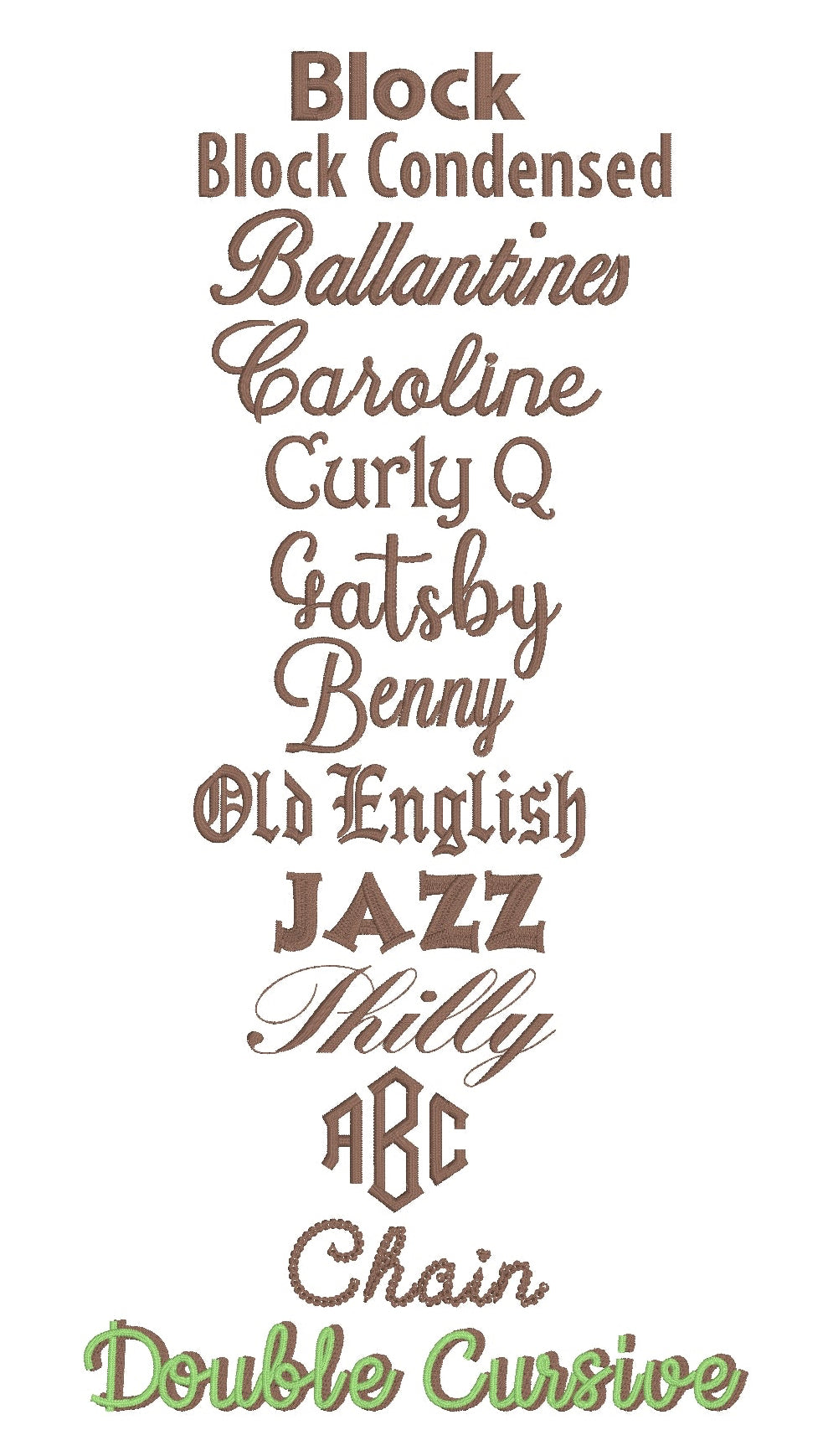 Embroidery font chart including Double Cursive; ABC sample represents Diamond Monogram.